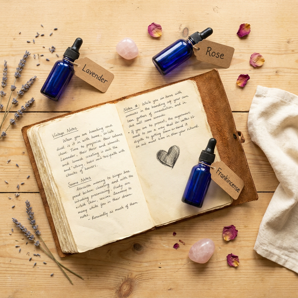 Flat-lay of essential oil bottles, notebook, and dried botanicals on a wooden surface, representing a self-compassion ritual