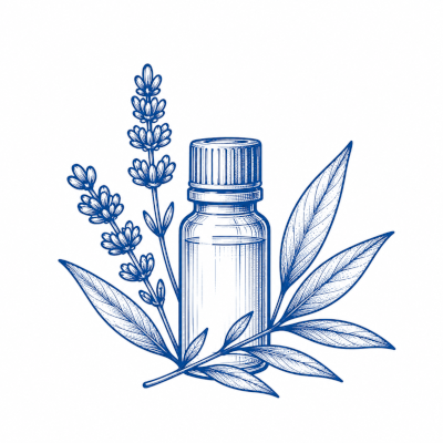 Ilustración de un frasco de aceite esencial y plantas aromáticas